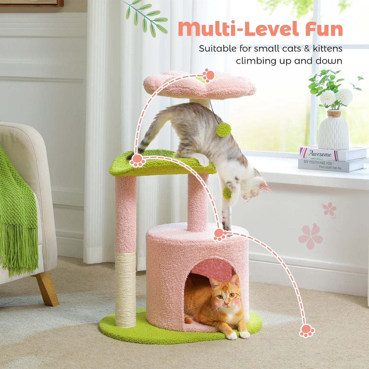 Flower Cat Tree Tower with Sisal Scratching Post & Plush Condo