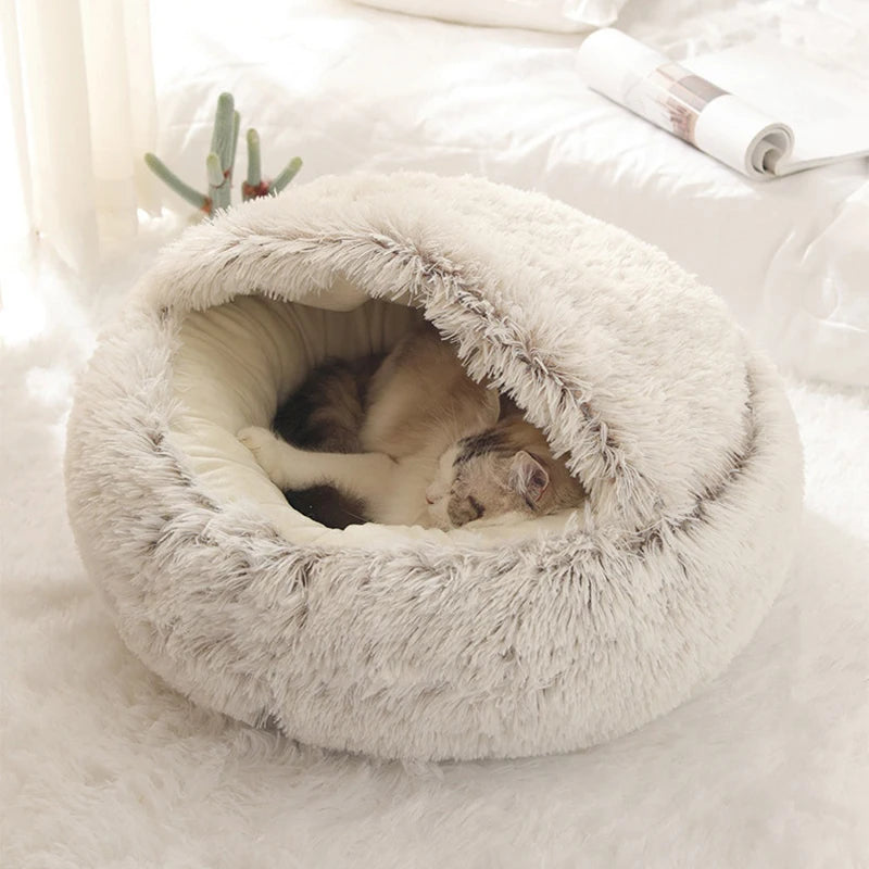 Round Plush Cat Bed with Cover – Cozy Nest Cave for Cats & Small Dogs