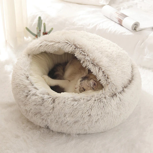 Round Plush Cat Bed with Cover – Cozy Nest Cave for Cats & Small Dogs