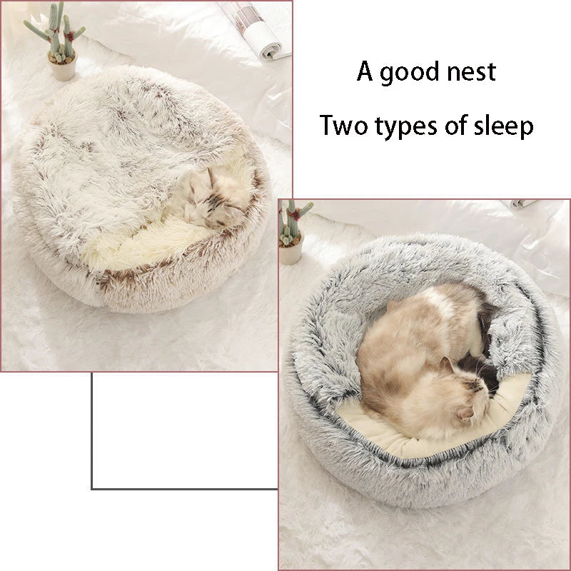 Round Plush Cat Bed with Cover – Cozy Nest Cave for Cats & Small Dogs