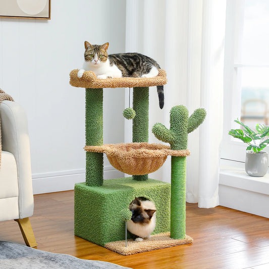 4-in-1 Cactus Cat Tree Tower with Condo, Hammock & Scratching Post