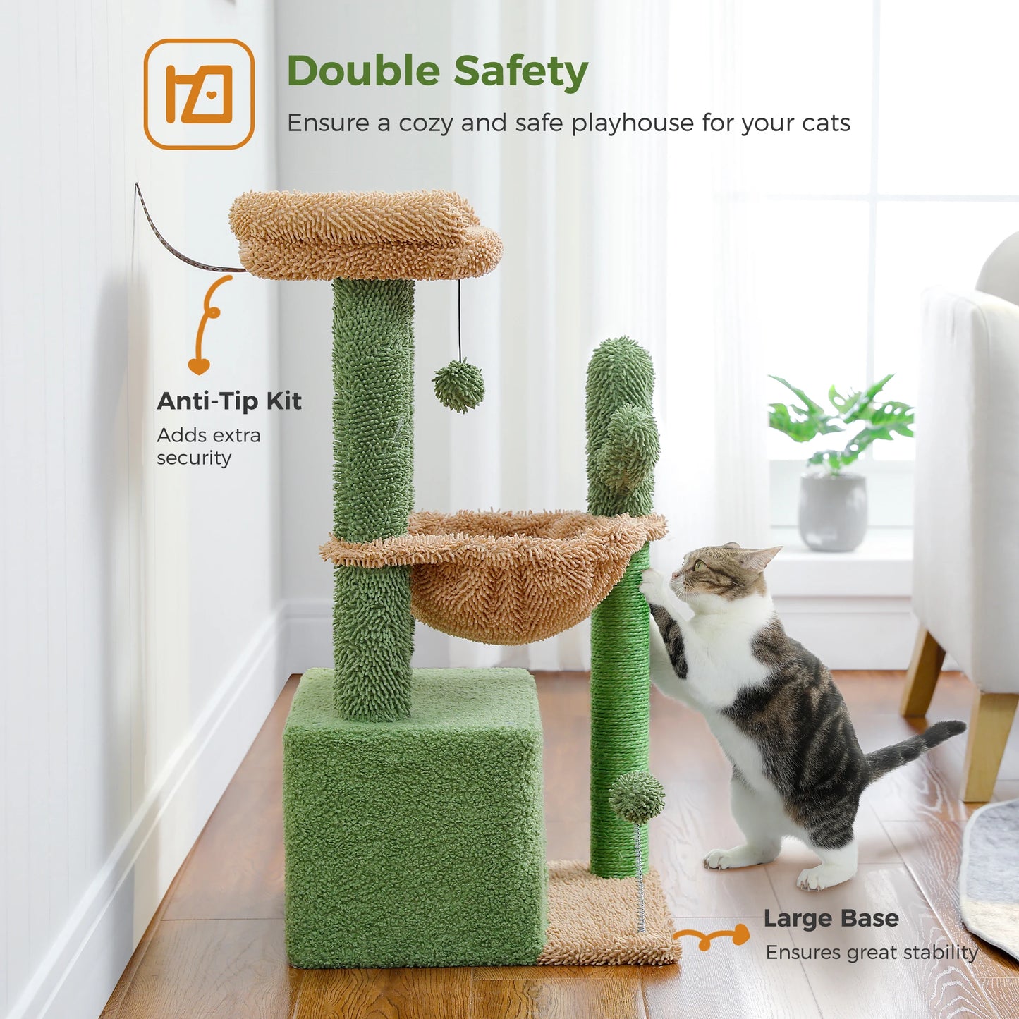 4-in-1 Cactus Cat Tree Tower with Condo, Hammock & Scratching Post